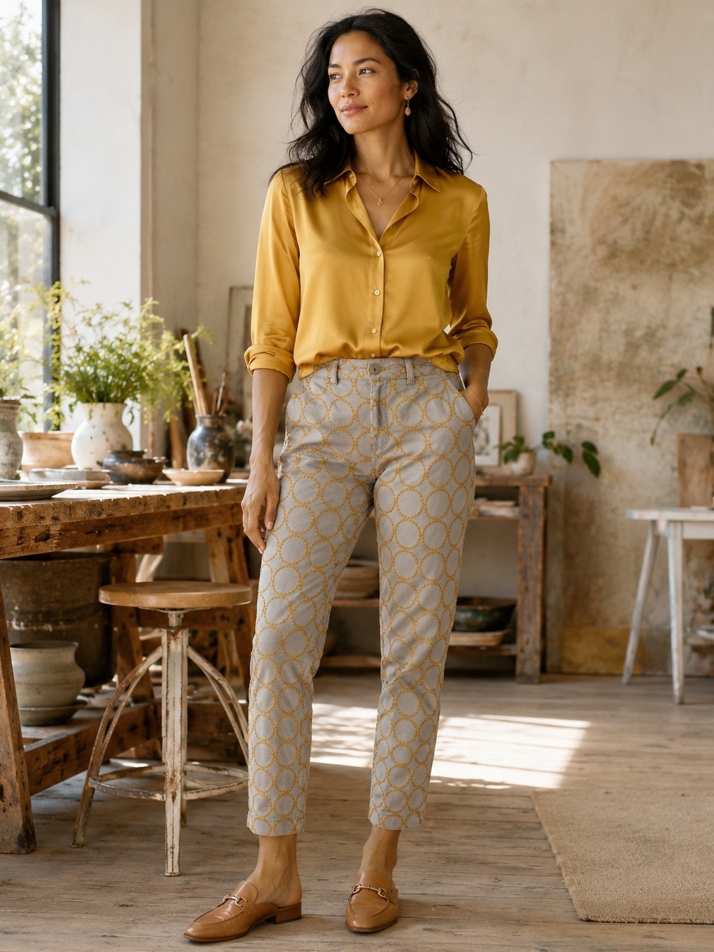 Anthropologie Chino Relaxed Embroidered Circle Pants Gray Gold Size 29